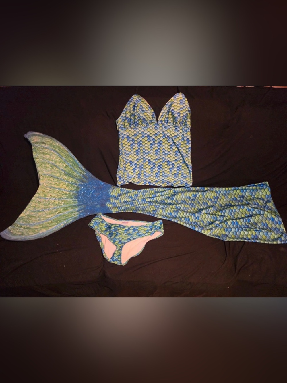 FinFun green and blue tail with matching two piece halter top tankini set